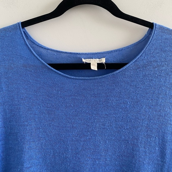 Eileen Fisher Blue Linen High-Low Short Sleeve Sweater Size Petite Medium - Picture 2 of 10